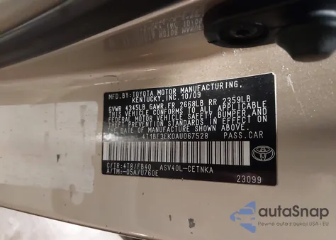 2010 Toyota Camry Le z USA, uszkodzony, nr VIN 4T1BF3EK0AU067528